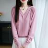 Early Autumn New V-neck Women's Knitted Sweater, Long-sleeved Lace with Black Ear Trim, Solid Color Loose Base Layer