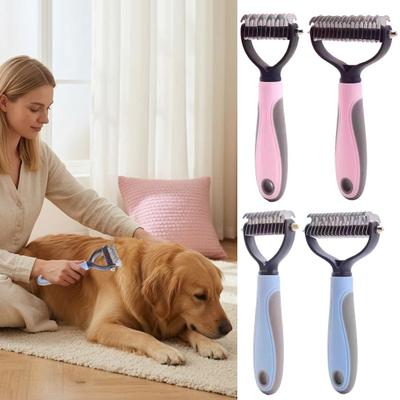 Pet Dematting Comb Dog Deshedding Tool Undercoat Rake with Stainless Steel Blades Non-Slip Handle Grooming Comb for Dogs Cats