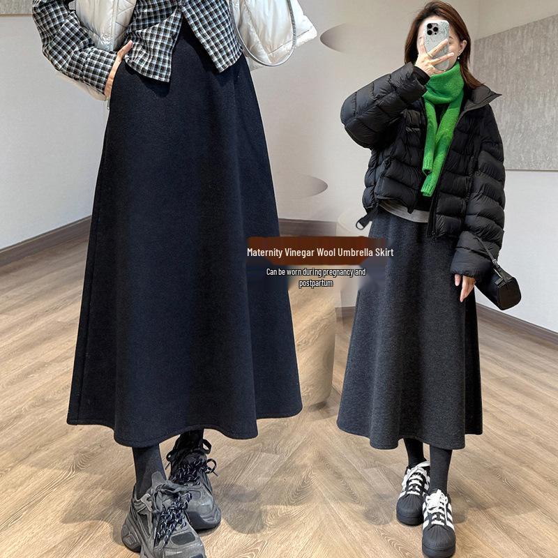 

Maternity Black & Gray Wool Blend A-Line Half-Skirt with Drawstring - Autumn/Winter, Versatile & Slimming Umbrella Design. L чёрный
