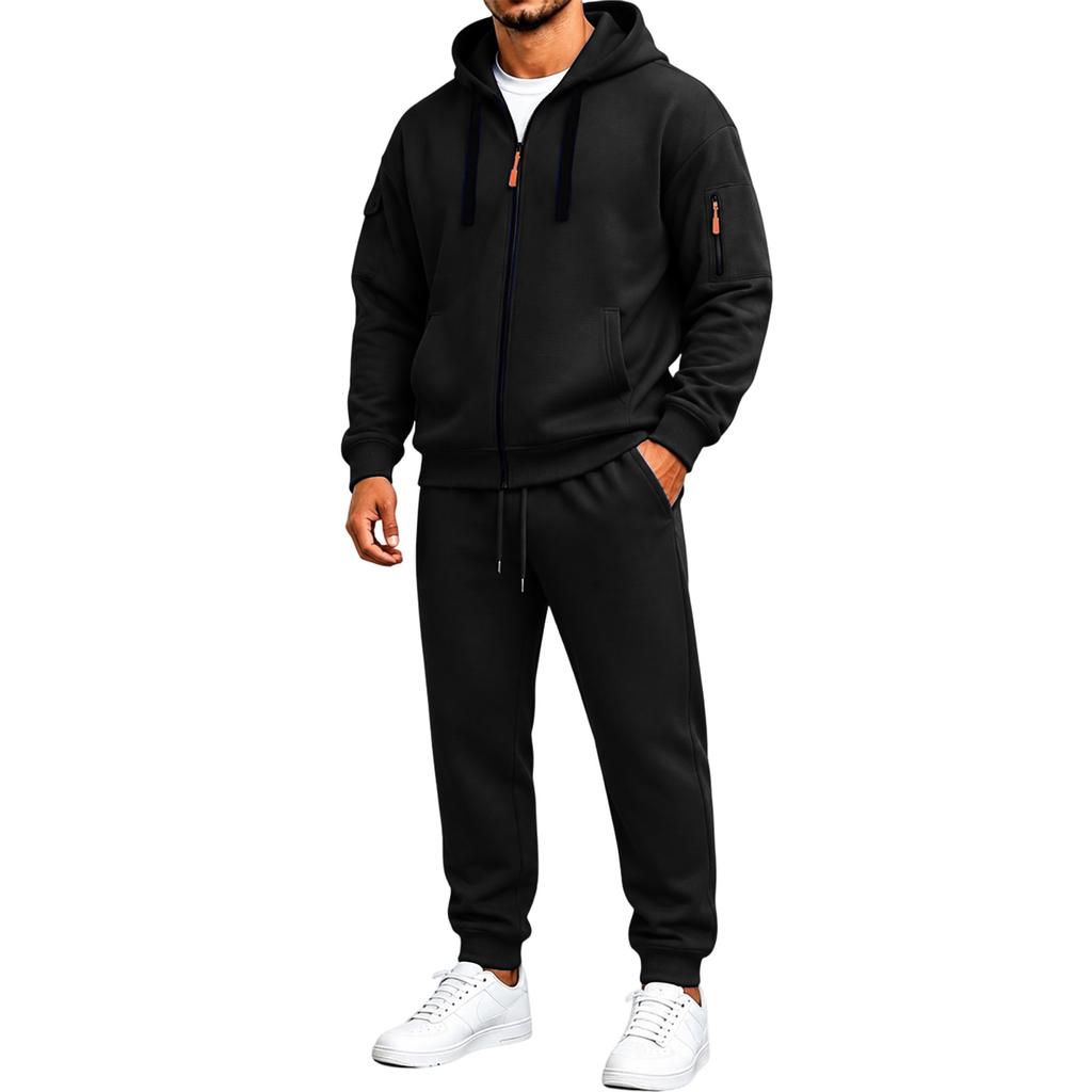 Men's Full Zip Hoodie Sweatshirt and Black Pants Sport Casual Two Piece Outfit Set