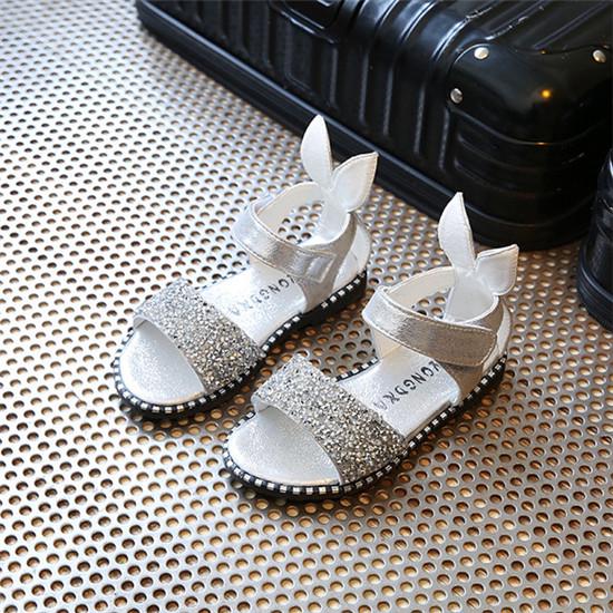 Children Sandals For Toddlers Girl Big Girls Kids Beach Shoes Cute Sweet Princess Rhinestone With Rabbit Ear Soft Fashion 21-36