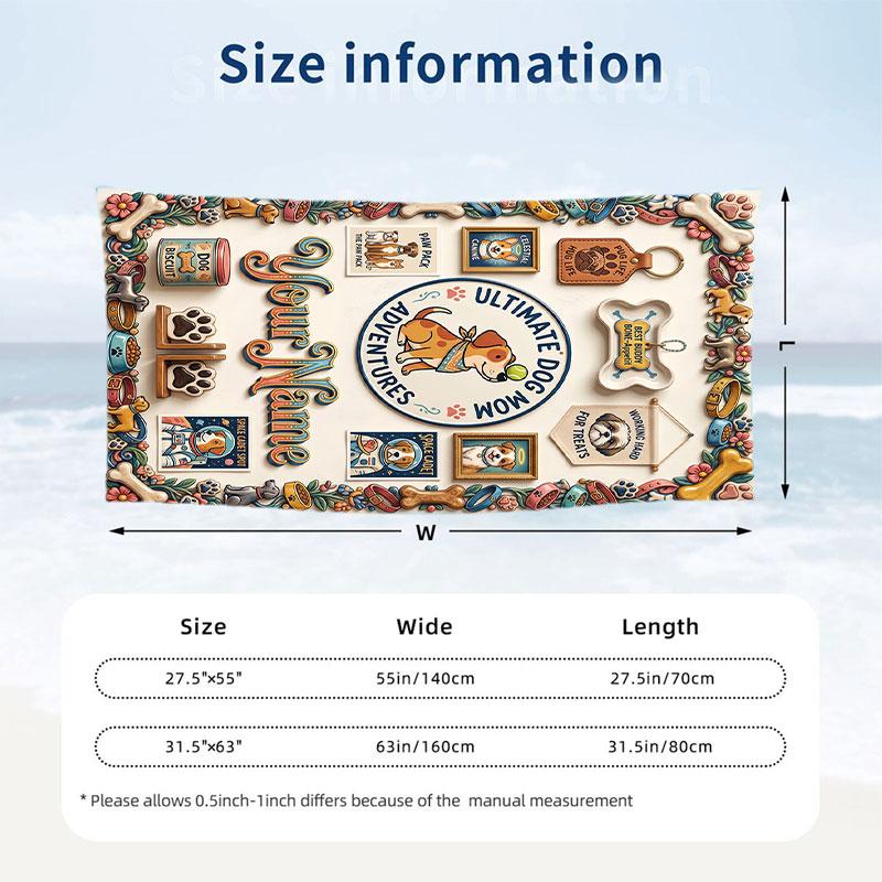 Dog Theme Beach Towel Personalized Custom Name & Text Soft Quick Dry Beach Towel for Swimming Travel