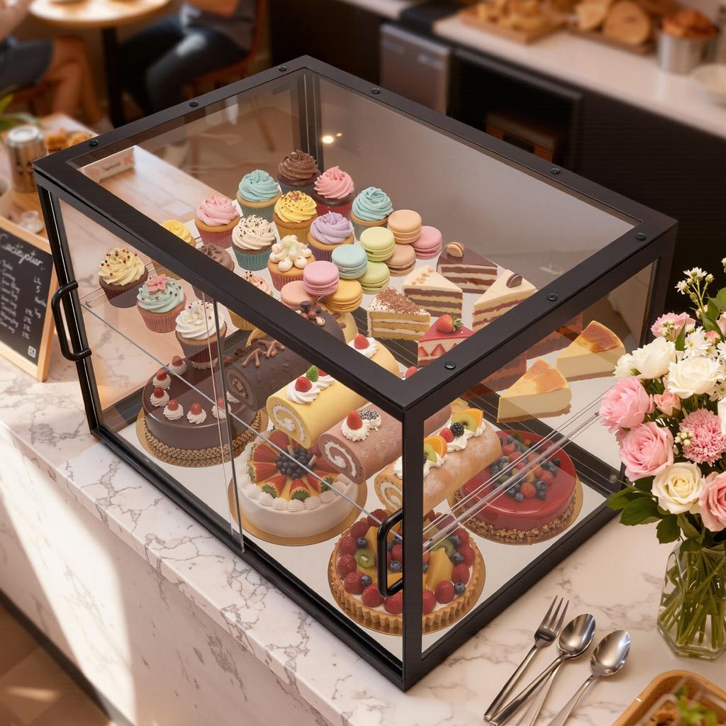 Bakery Display Case, 2-Tier Commercial Countertop Pastry Display Case, Clear Acrylic Bread Box for Kitchen, Party Cake Cabinet with Sliding Door for