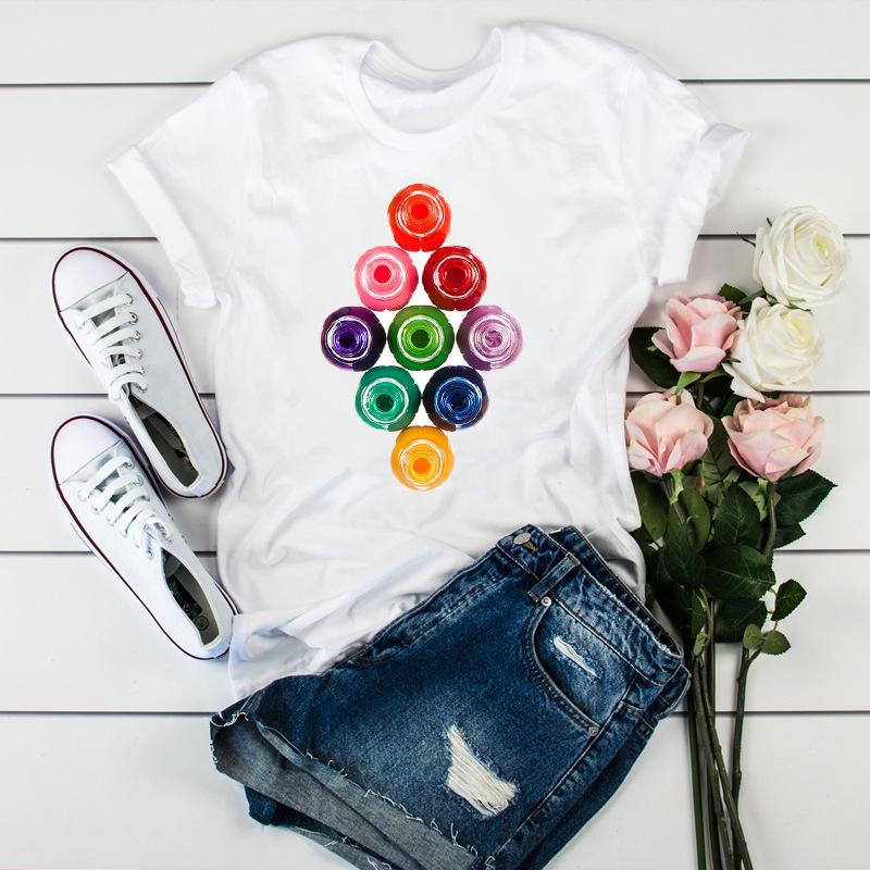 Women'S Fun Nail Polish, Pattern, Print Fashion Women'S T-Shirt Casual Top Ladies