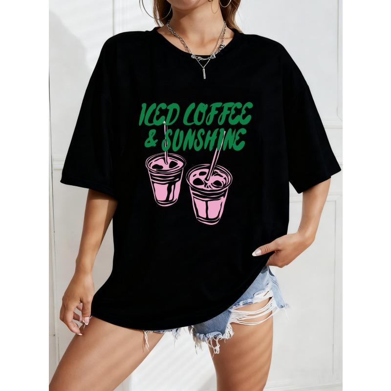 

Oversized T Shirt White Iced Coffee And Sunshine Graphic Print Casual Summer Wear XXXXL чорний