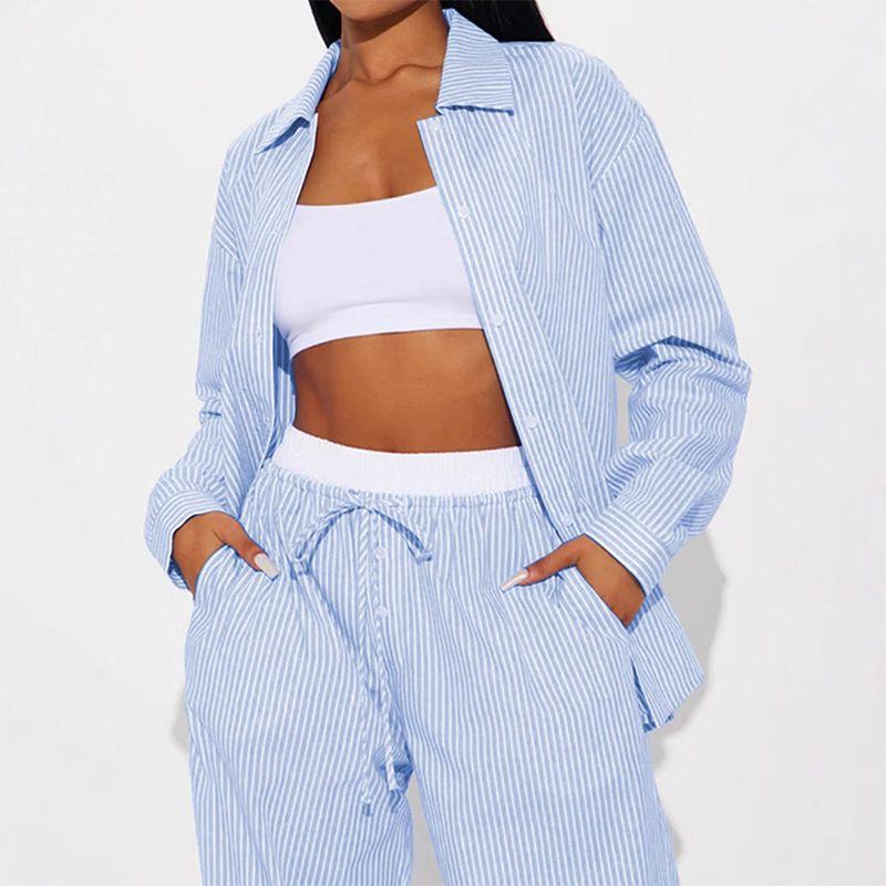 

Casual Stripe Lapel Shirts Single Breasted Boxer Wide Leg Pants Set Shirt Pants Set Blue M
