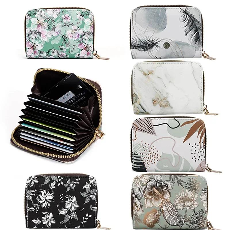 Women Flower Printed 11 Cards Slot Card Bag Case Fashion Retro Zipper Card Wallet ID Holder Credit Card Holder Badge Holder