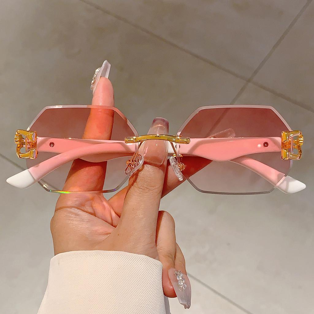 Vintage Rimless Polygon Shades Luxury Brand Gradient Women's Sunglasses Fashion Leopard Decor Travelling Sun Glasses