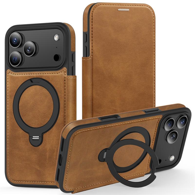 

PU Leather Card Wallet Flip Case For iPhone 12 13 14 15 16 17 Pro Max Magnetic Magsafe 360 Rotat Metal Ring Bracket Cover For iPhone 17 ProMax