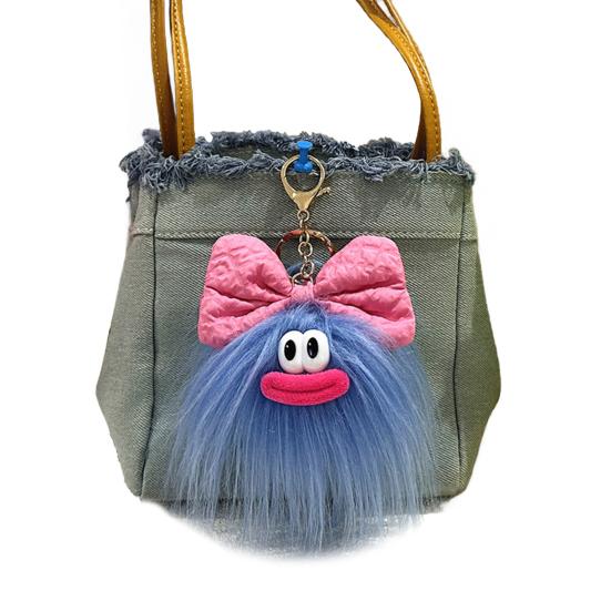 Keychain Cartoon Plush Doll Wearing Big Bowknot Decor Big Mouth Design Charm Key Chain