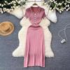 Women's Polo Collar Ribbed Knit Dress with Pearl Buttons and White Trim In Blue and Beige