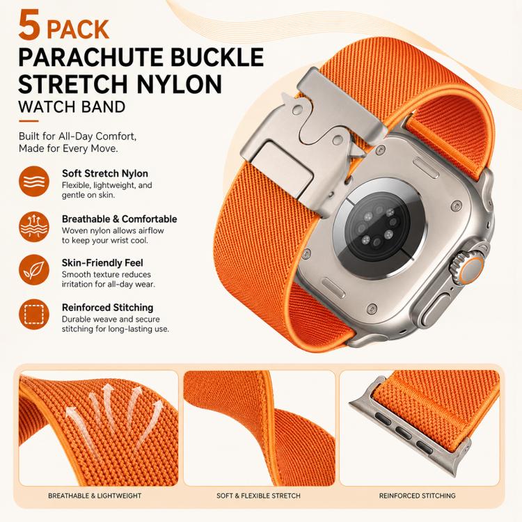 5‑Pack Stretch‑Nylon Replacement Watch‑Band Strap, Parachute‑Style Buckle Adjustable Wrist‑Bracelet Accessory For Apple Watch 42/44/45/46/49mm