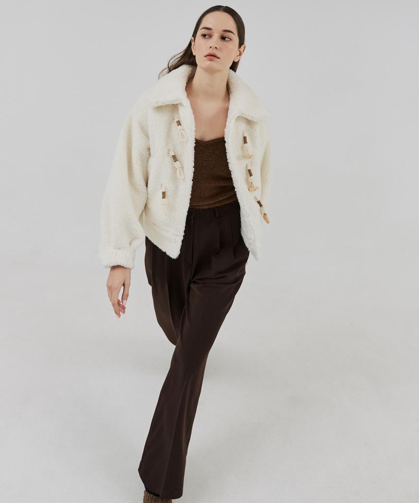 THEFRHT Double-Pleat Button Wide Wool Pants (Brown)