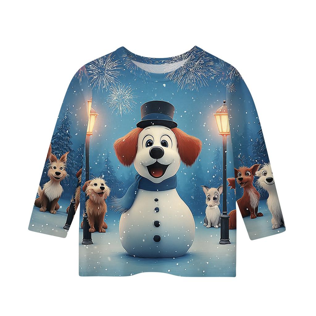 Christmas Children's 3/4 Sleeve Tops Casual Printed Daily T Shirt Round Neck Pullover Blouse