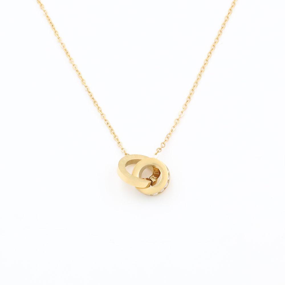 The Same Fashionable Double-Ring Zircon Pendant Necklace Accessories Versatile Niche Titanium Steel Non-Fading Jewelry Collarbone Chain