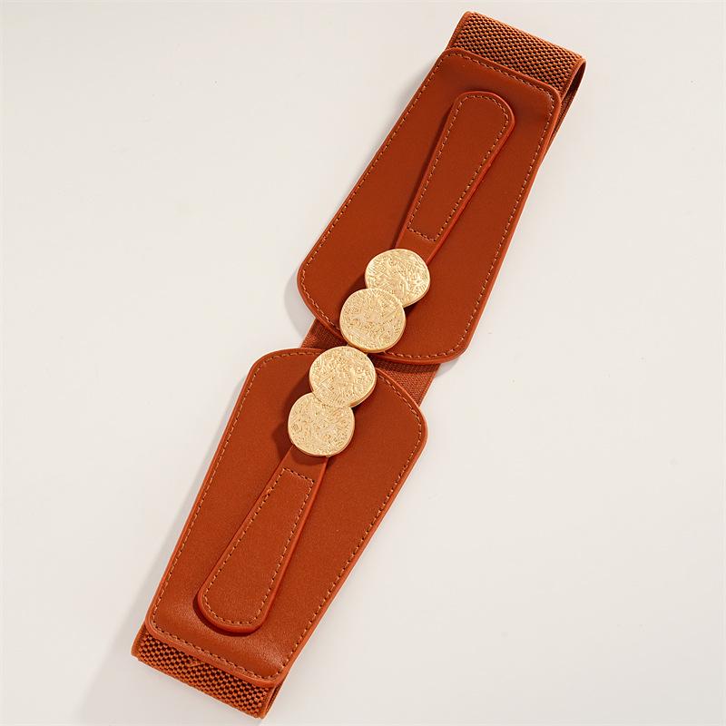Retro Women's Wide Elastic Waist Belt with Interlocking Buckle - Available in Black and Camel Colors for Coat or Sweater.