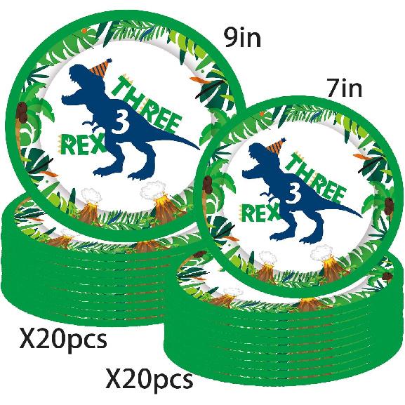 Three Inspired Rex Birthday Plates 40pcs Dinosaur Party Paper Plates, 9in & 7in, Green Dinosaur Cartoon, T-Rex, 3rd Birthday Boy Decorations
