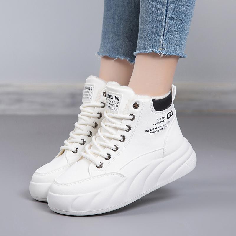 Women's White Chunky-Sole Sneakers High-Top Fleece-Lined Slip-Resistant All-Weather Warm Boots Durable Casual Style