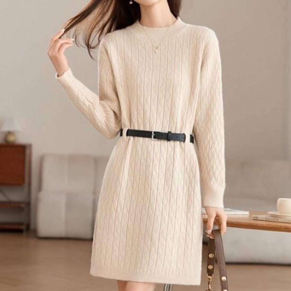 Navava Women Knit Dress With Belt Round Neck Long Sleeve No952