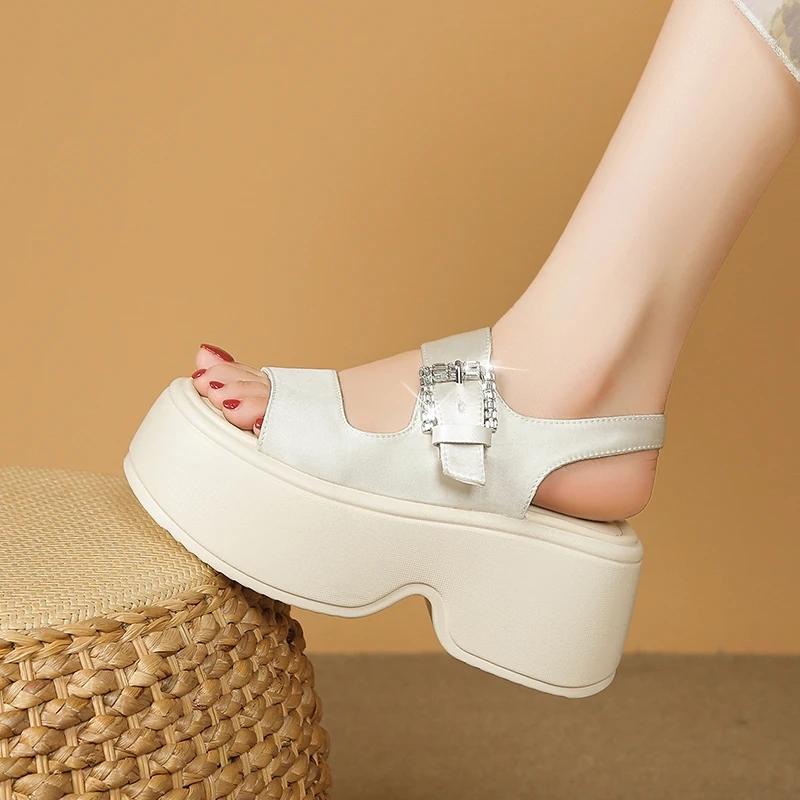 Fashion 8CM High Platform Sandals Women Summer Breathable High Heels Ladies Leather Sneakers Wedges Chunky Slippers Sandalias Mujer