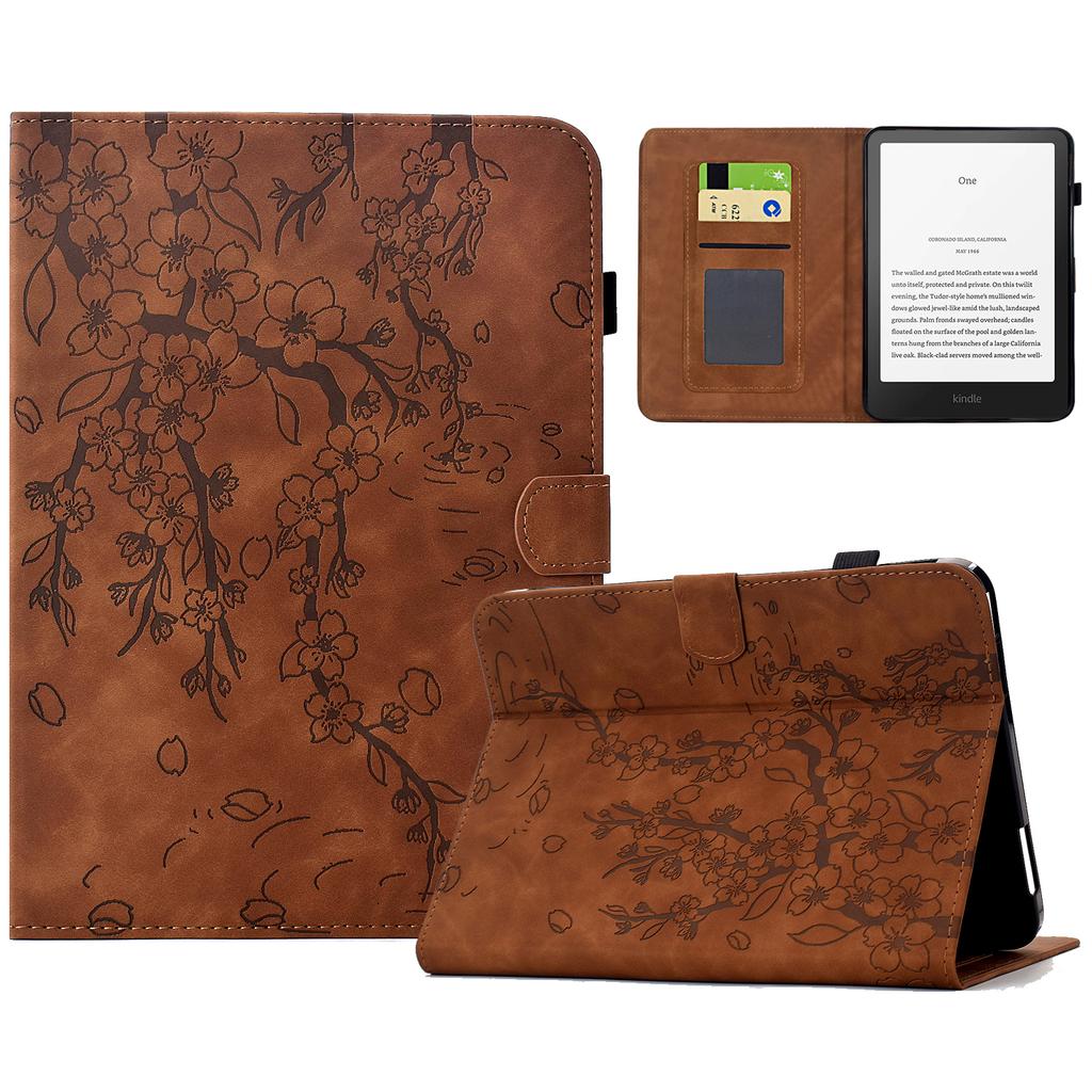 For Amazon Kindle Paperwhite (2024) Case Imprinted Plum Blossom Stand Card Slots Leather Tablet Cover with Auto Sleep/Wake