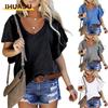 Women's Fashion Casual Solid Color Print Short Sleeve V Neck Blouses & Shirts