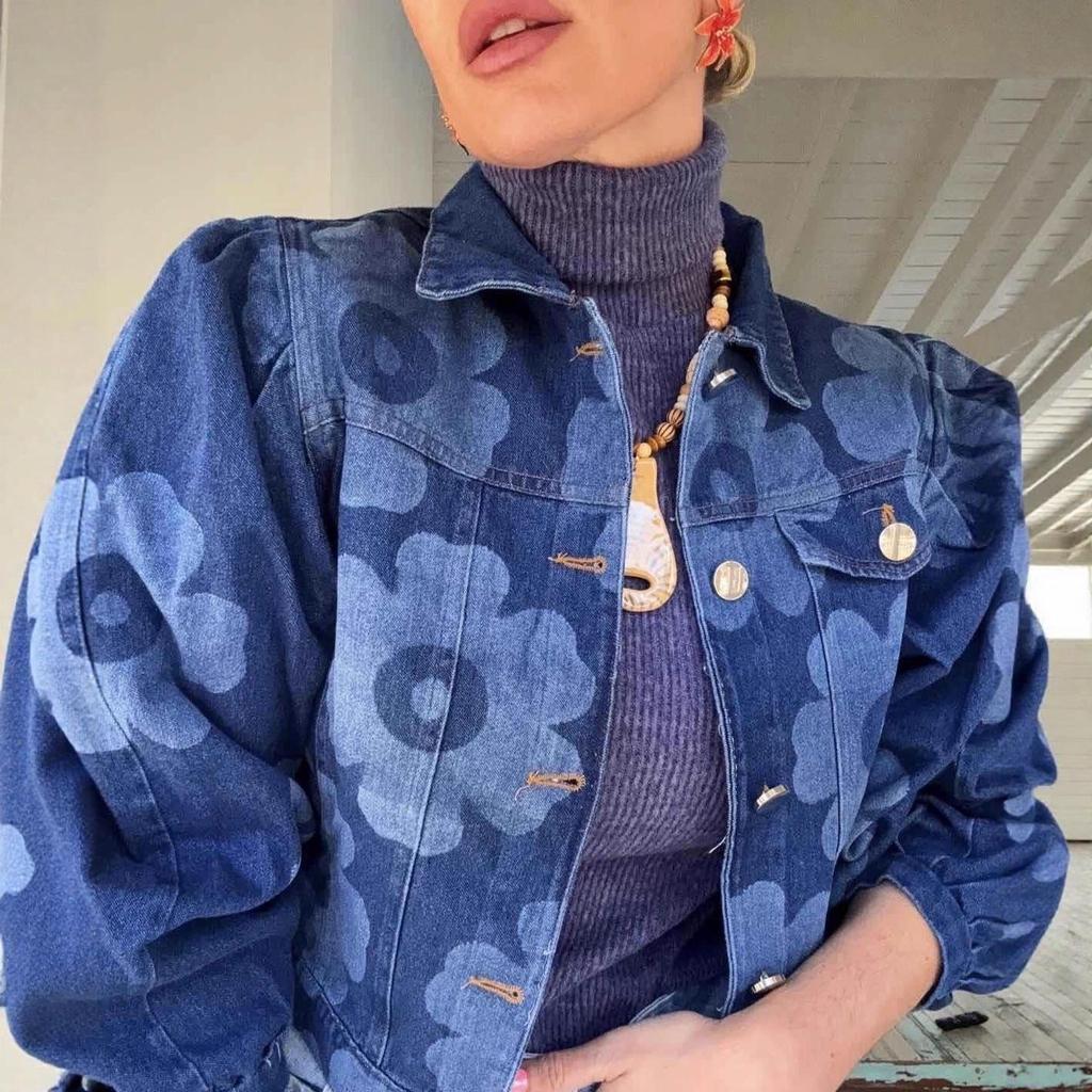 Women's Vintage Floral Denim Jacket - Turn-down Collar, Autumn/Winter Streetwear
