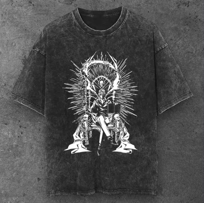 Mens Anime Throne Oversized T Shirt Washed Black Grunge Aesthetic S-3XL