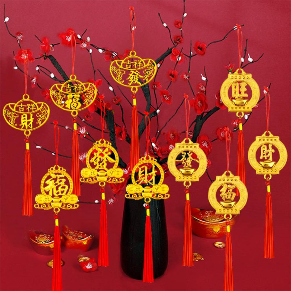 6/10Pcs Gold Chinese New Year Pendant Waterproof Wealth Spring Festival Bonsai Pendant with Tassel Traditional