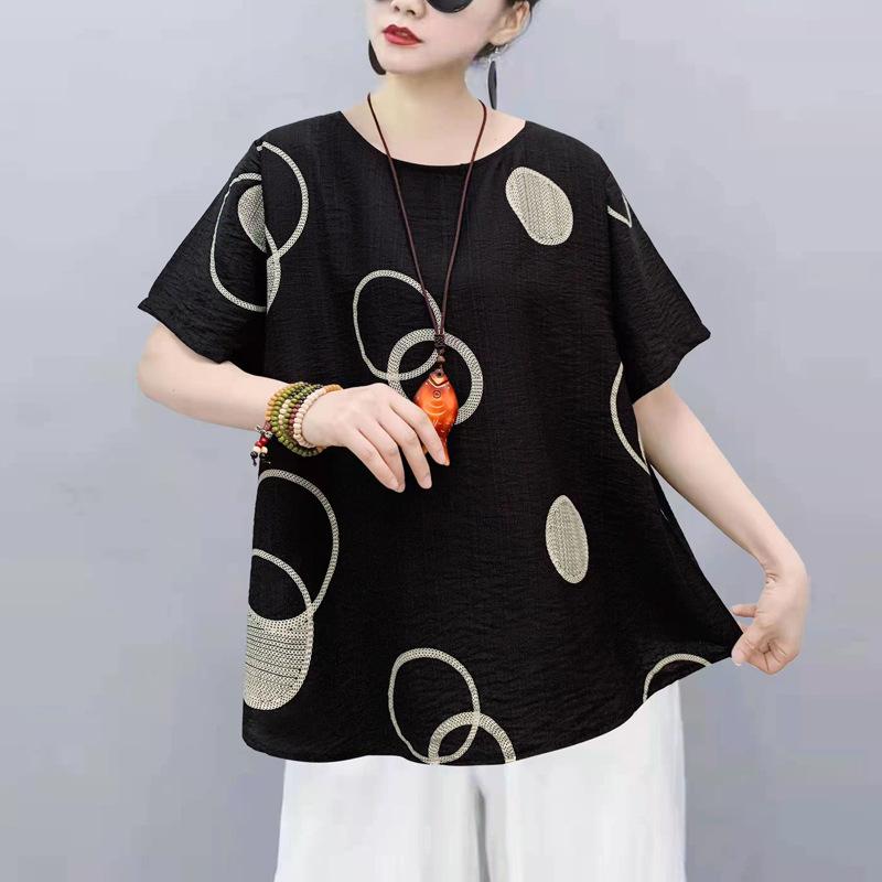 Chinese Women's Chinese Style T-shirt Long-sleeved Loose Cotton Short-sleeved Summer Blouse Ethnic Style