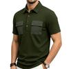 Men's Textured Knit Polo Shirt with Pockets Short Sleeve Casual Black Top