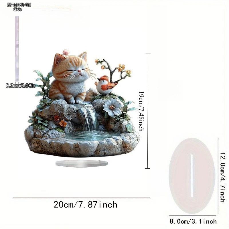 Little Cat and Hummingbird Statue, Floral Accents, Studio, Cafe, room, Table Ornament Desktop Decor Gift, Nurseries, Home Desk Living Room Decoration