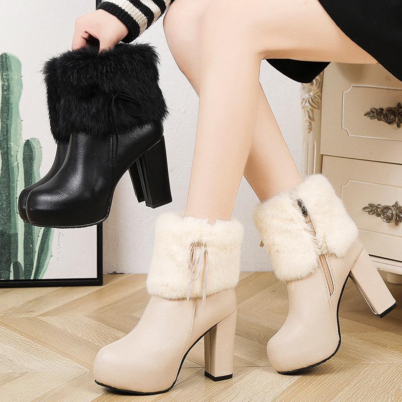 Autumn and Winter Thick Heel Boots Women's High Heel Warm Short Boots Bow