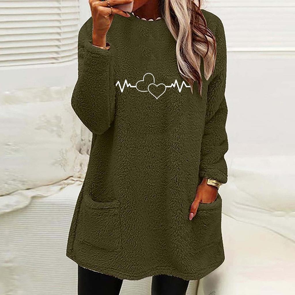 Winter Women's New Love Print Round Neck Loose Long Sleeve Pocket Plush Sweater For Women