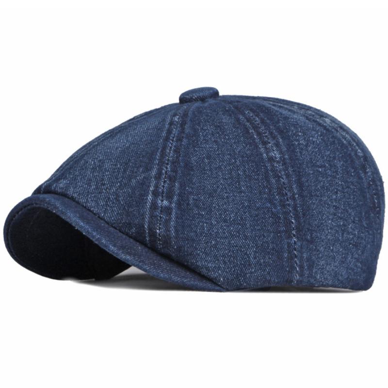 HT3777 Berets Men Women Flat Cap Hat Washed Cotton Denim Beret Cap Vintage Artist Painter Beret Hat Unisex Octagonal  Cap
