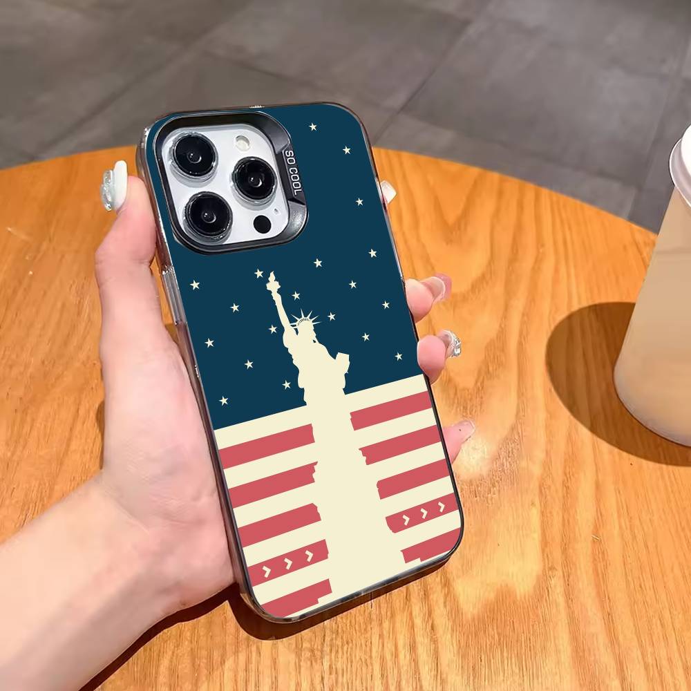 Statue L-Liberty America USA Flag Phone Case For iPhone17,16,15,14,13,12,11,Pro,MAX White Matte Shockproof Cover
