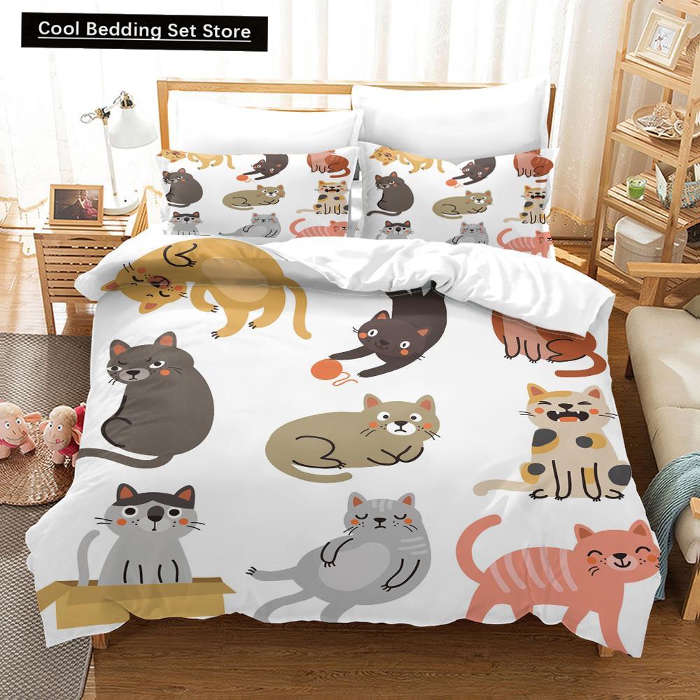 Cartoon Cat King Full Queen Duvet Cover Lovely Pet Kitty Bedding Set Animal Quilt Cover 2/3pcs Purple Polyester Comforter Cover