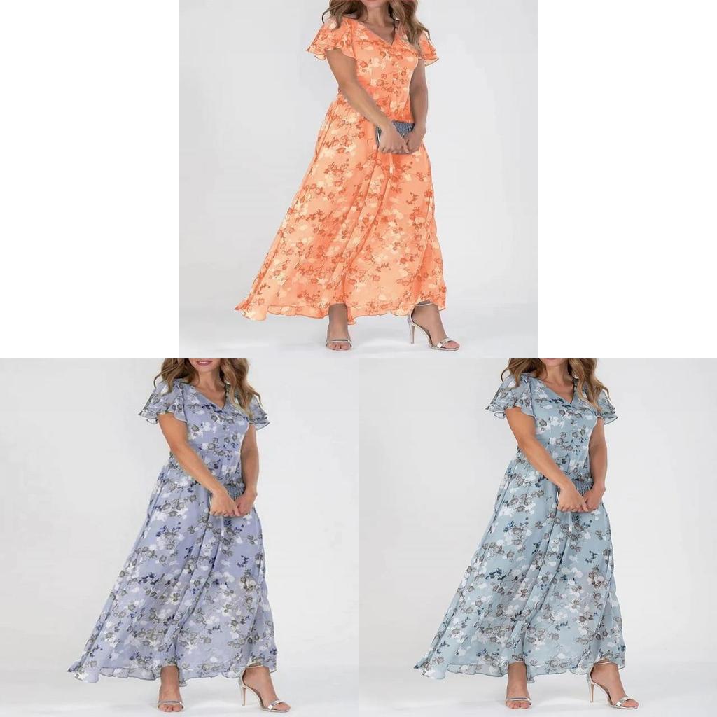 Summer Floral Chiffon Maxi Dress With Ruffle Vneck For Casual Wear