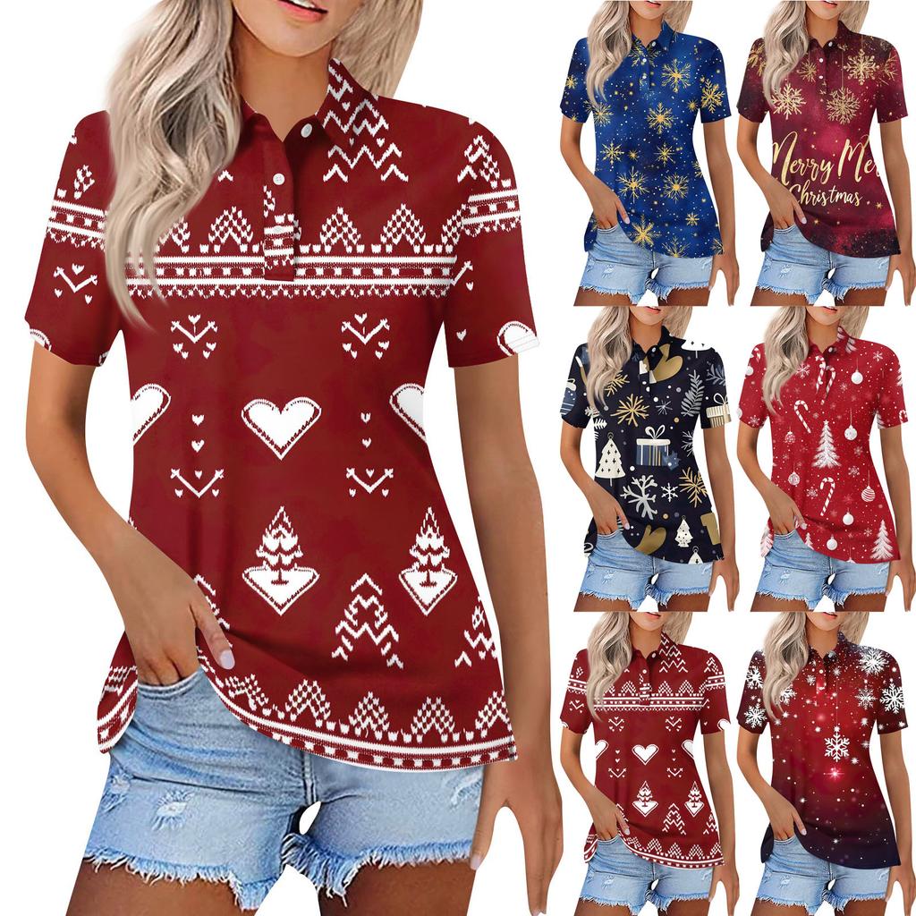Women's Fashion Casual Lapel Short Sleeve Christmas Print Shirt Women's Button Up Tops