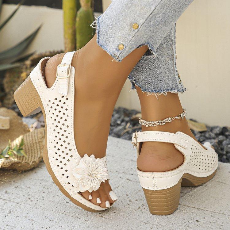 Large Size Floral High-heeled Sandals for Women Fashionable and Casual Buckle with Solid Color Roman Sandals