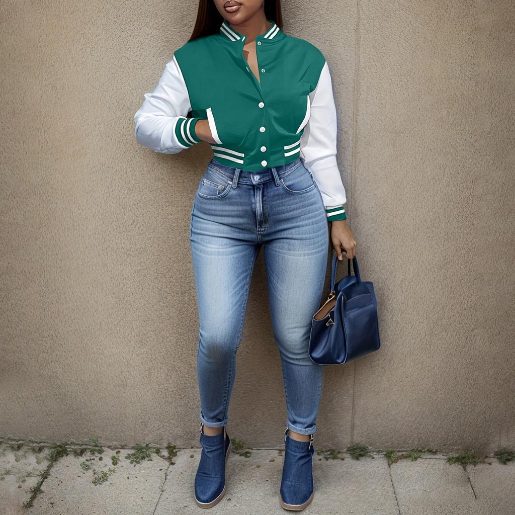 Damenmode, kurze, schlanke, einfarbige Spleißjacke, einreihig, Baseball-Kleidung, Sportmantel, Jacke, Sweatshirt