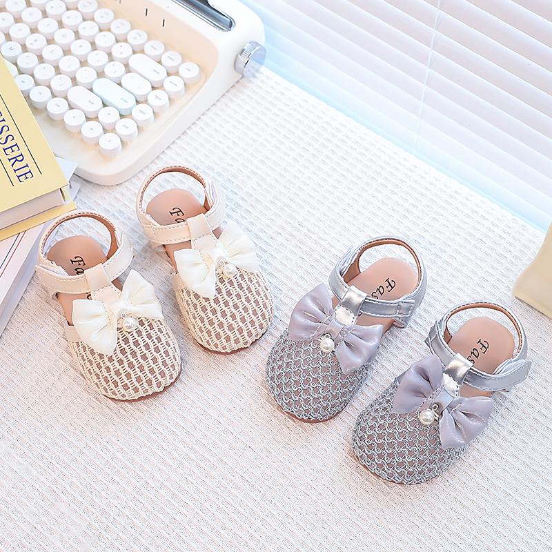 Girls Princess Shoes Big Sweet Bows Kids Beach Shoes T-strap Soft Sole 2025 Summer New Children Sandals Elegant Mesh Sweet Cute