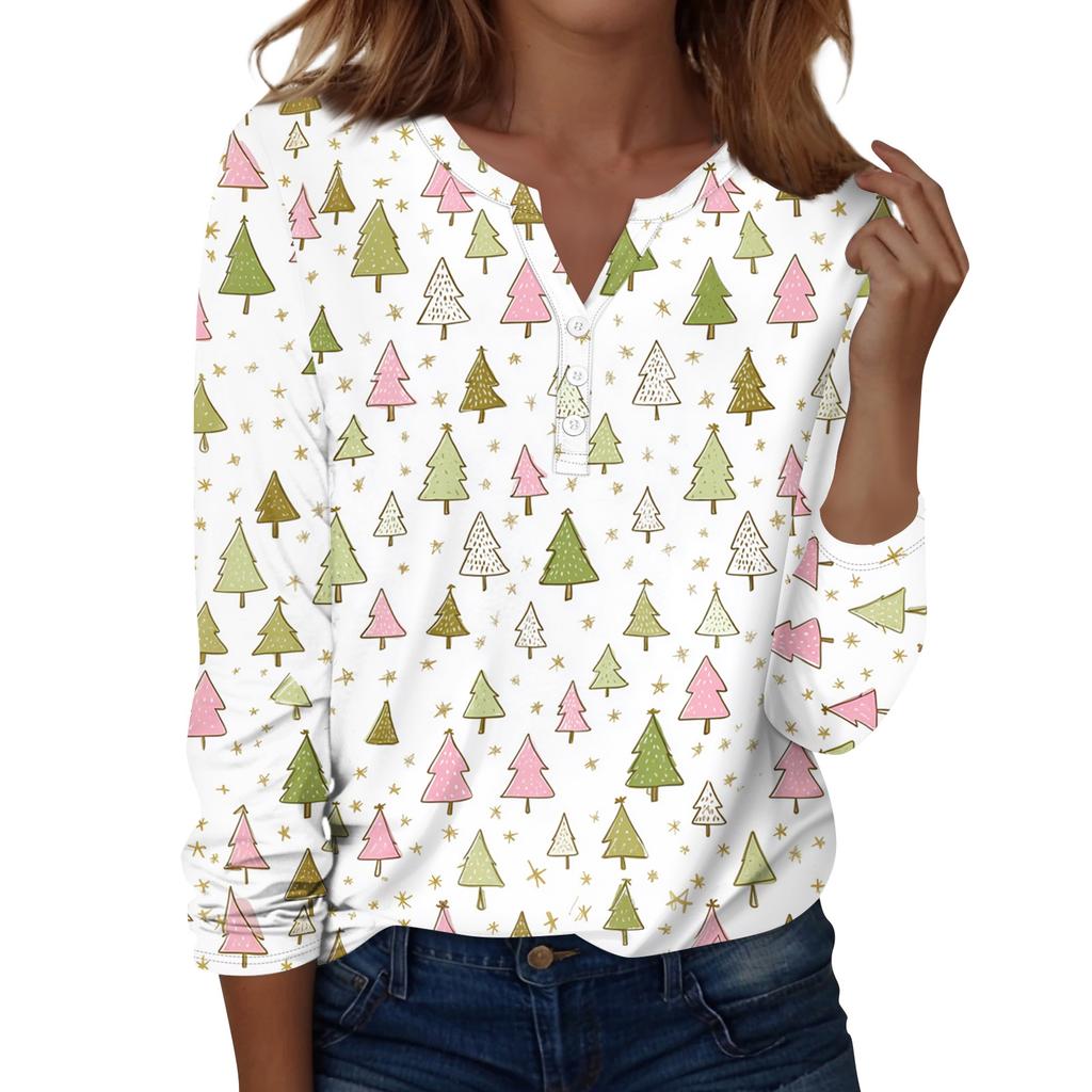 Women's Fashion Casual H Printed V-Neck Long Sleeve Decorative Button T-Shirt Tops