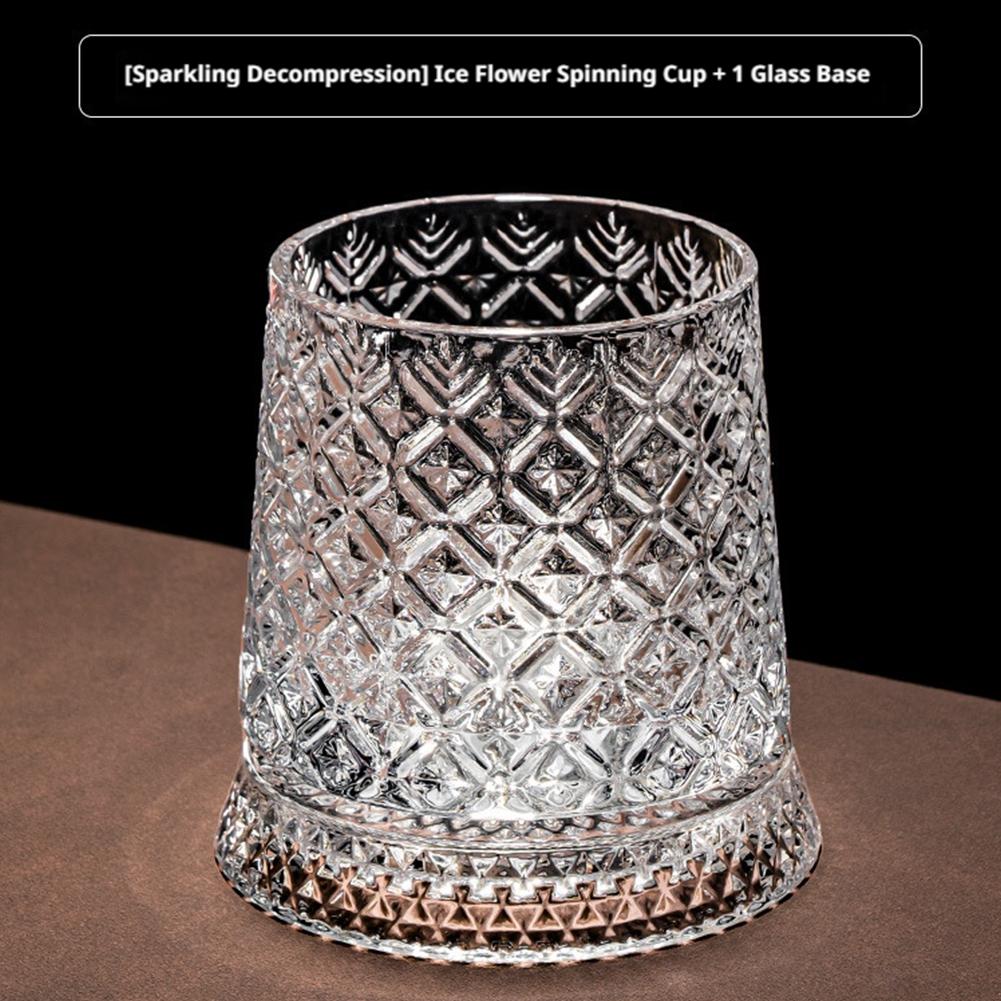 280ml Crystal Rotating Whiskey Glass with Base Diamond Cut Ice Flower Bubble Pattern Spinner Cup for Home Bar Party Gifts