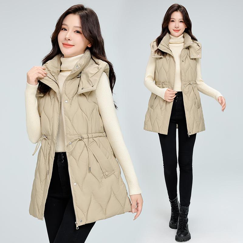 

Средний и длинный хлопковый жилет, утолщенный хлопковый жилет, куртка с капюшоном, приталенный, на кулиске, модный хлопковый жилет на ватине, жилет женский 3XL хаки