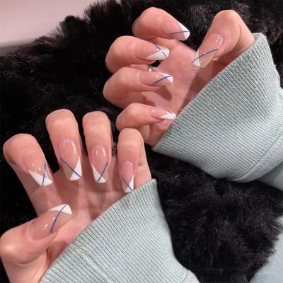 24 Pieces Oblique French White Nude Nails Medium and Long Square Manicure Nail Pieces Removable Fake Nail Pieces