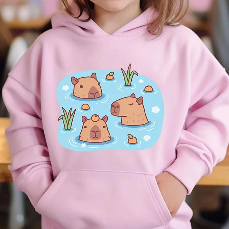 Cute Capybara Loves Bubble Tea Children's Hoodie Pink Autumn and Winter Girl's Top