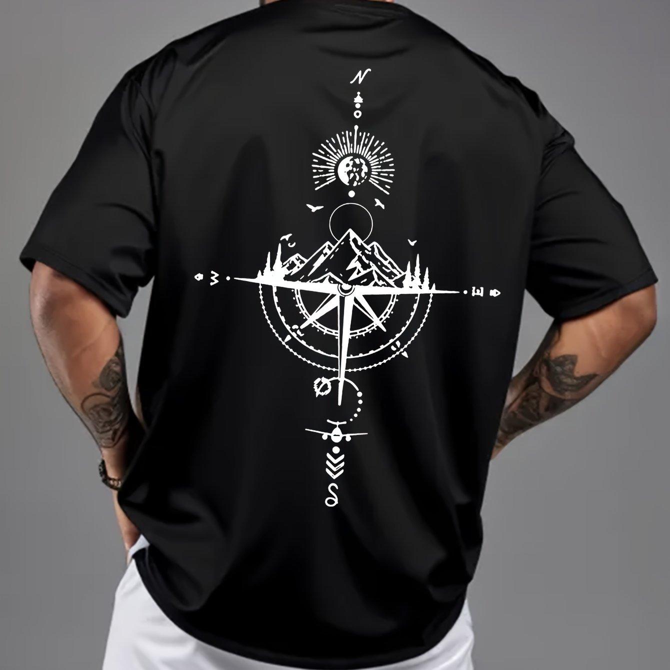 

Summer mens 100 pure cotton casual sports loose oversized retro compass printed comfortable round neck short sleeved Tshirt S