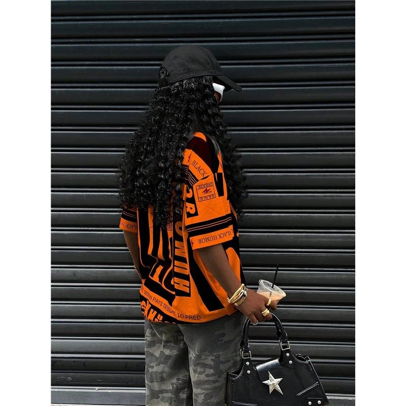 Large American Retro BLACK Printed Short Sleeved T-shirt For Women's Street Style Loose And Slimming Contrasting Half Sleeved Top