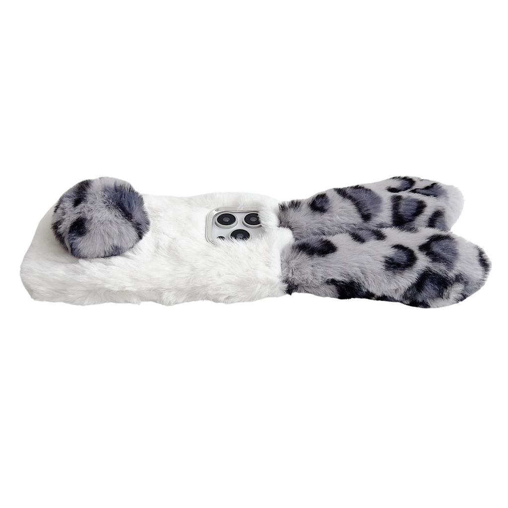 For iPhone 16 Pro Max Case Fluffy Leopard Splicing Bunny Plush TPU Phone Cover